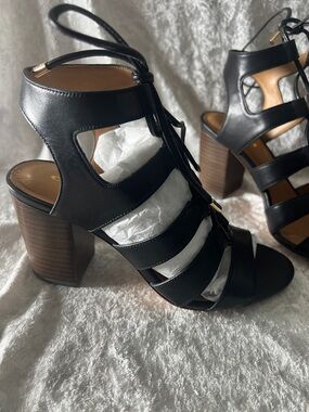 Coach Black Leather Strappy Block Heel Sandals